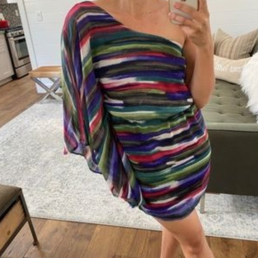 FIRE LA Colorful Striped Chiffon 1 Shoulder Dress Women's Size Medium - Picture 5 of 5
